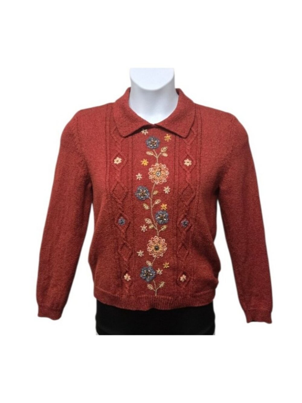 Alfred Dunner Sweater Size PM Rusty Brown Beaded & Embroidered Granny Chic Fall